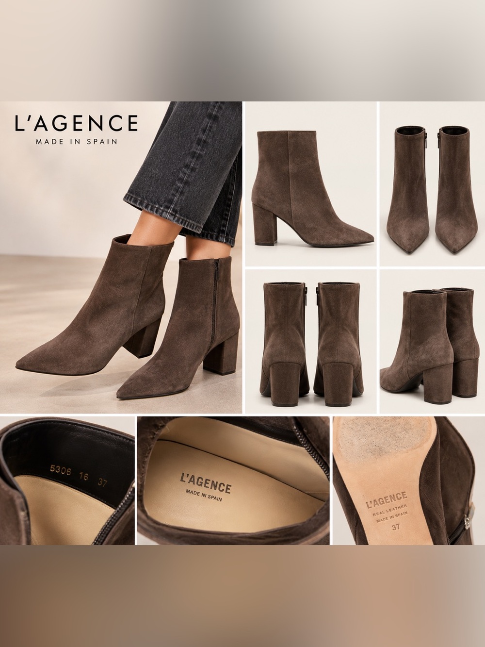 L’AGENCE Brown Suede Pointed Toe Ankle Boots 37 Spain